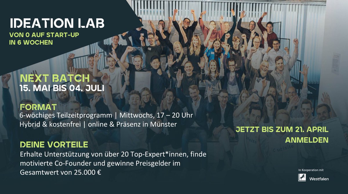 REACH - EUREGIO Start-up Center (@reach_euregio) on Twitter photo Bis zum 21. April könnt ihr euch für unser neues Programm IDEATION LAB anmelden. Dieses Jahr ist die Westfalen AG als Kooperationspartner mit an Board! Egal, ob Uni oder FH Münster bist und egal aus welchem Fachbereich, deine Motivation zählt ➡️ go.reach-euregio.de/t9jsi Bis zum 21. April könnt ihr euch für unser neues Programm IDEATION LAB anmelden. Dieses Jahr ist die Westfalen AG als Kooperationspartner mit an Board! Egal, ob Uni oder FH Münster bist und egal aus welchem Fachbereich, deine Motivation zählt ➡️ go.reach-euregio.de/t9jsi