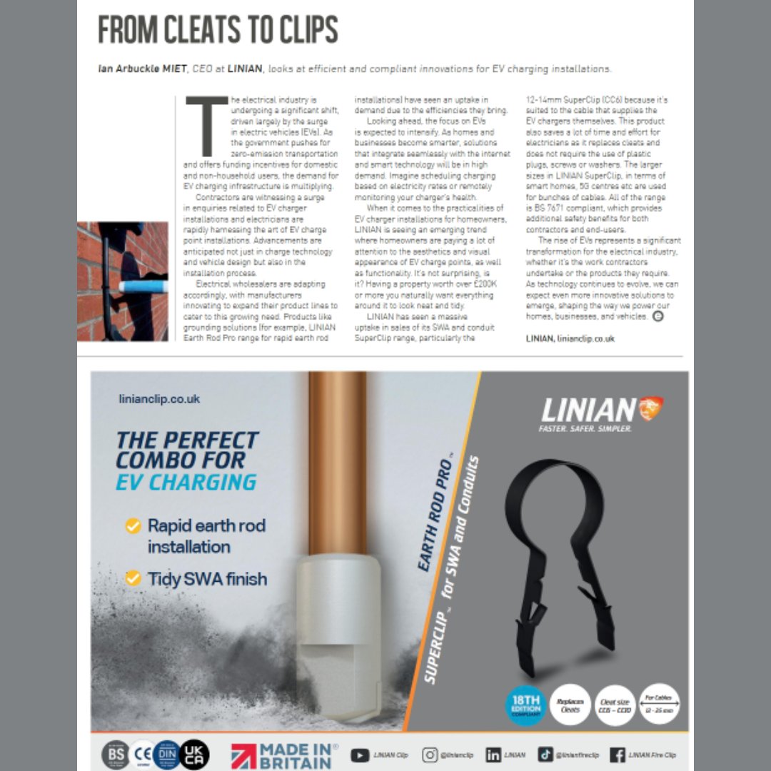 Thank you to ECN Magazine for this feature in the ECN's EV Charging Supplement⚡ Have a read of the magazine online and check out our article, 'From Cleats to Clips', by LINIAN CEO, Ian Arbuckle MIET!