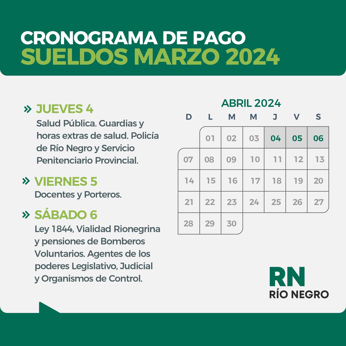 rionegrogob's tweet image. 📆 Mañana comienza el cronograma de pago para las trabajadoras y trabajadores estatales de Río Negro.

Mirá 👇