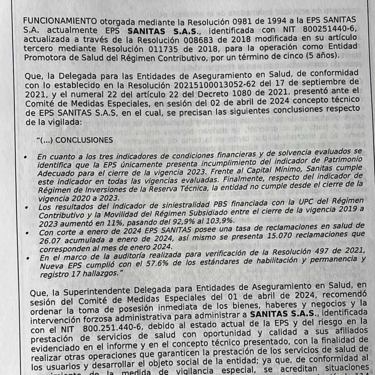 santiagoangelp's tweet photo. #DATO En efecto, esta es la página de conclusiones en donde la Superintendencia de Salud explica las razones puntuales de la intervención a Sanitas. Inexplicablemente hablan de fallas de la Nueva EPS, que no tiene que ver con las condiciones de habilitación de la aseguradora. https://t.co/qjGCP4IfyW