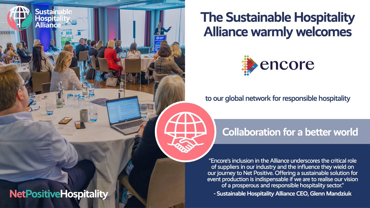 We are delighted to welcome global #eventproduction company, @EncoreGlobal_, to our network for #sustainablehospitality. Together, we aim to promote #sustainable and #responsiblepractices across #events, including our Summits. More: sustainablehospitalityalliance.org/encore-joins-a… #HospitalityNews