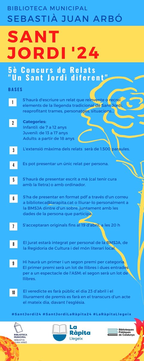 S'apropa Sant Jordi i, amb ell, els concursos de la Biblioteca!
#CulturaRàpita24 #LaRàpitaLlegeix #SantJordi24 #SantJordiLaRàpita24