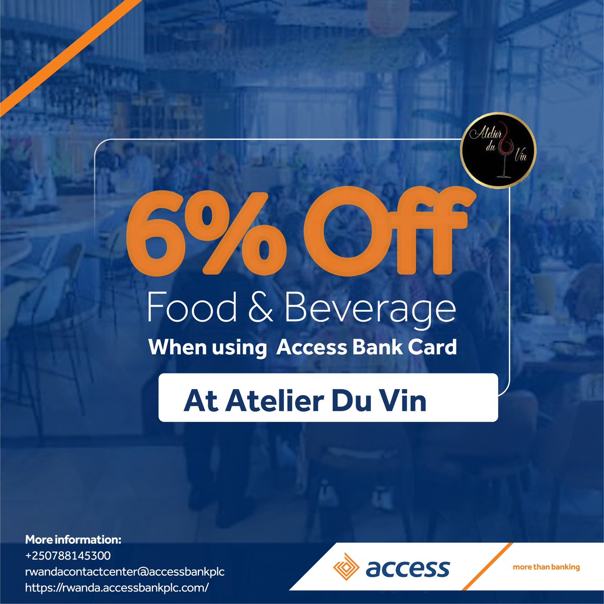 Get a special discount at Atelier Du Vin and enjoy a special treat from us! Use your Access Bank Credit or Debit Card and receive an exclusive 6% discount on your purchases. #AccessMore #MoreForYou