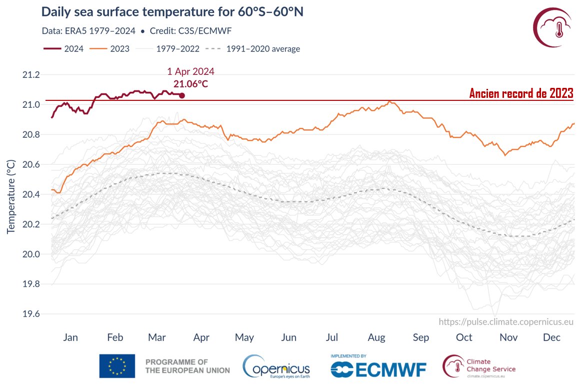 En ce début avril 2024, cela fait deux mois que la température de la surface de nos océans 🌍bat tous les jours l'ancien record mondial de 2023. On note cependant que l'écart aux normes se réduit : sûrement un signe de l'affaiblissement progressif de El-Nino (à confirmer). Ces…