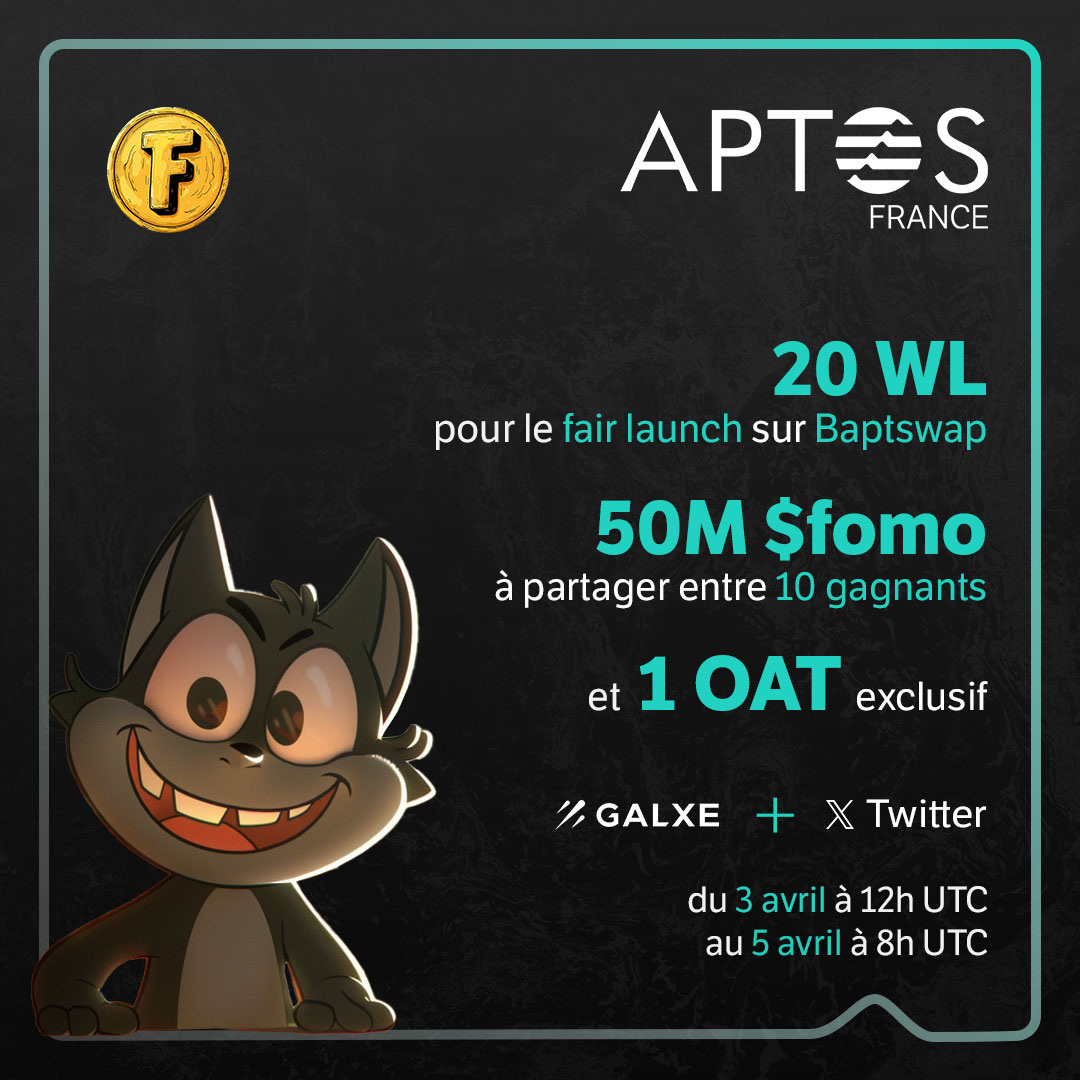 Amateurs de Memecoin, découvrez @AptosFomo ! Le Memecoin qui va vous donner le #FOMO dans l'écosystème #Aptos.

Pour son lancement imminent, nous offrons à la communauté française 20 WL pour accéder au fair launch sur @baptswap ainsi que 50 millions de tokens $FOMO à partager. ⤵️