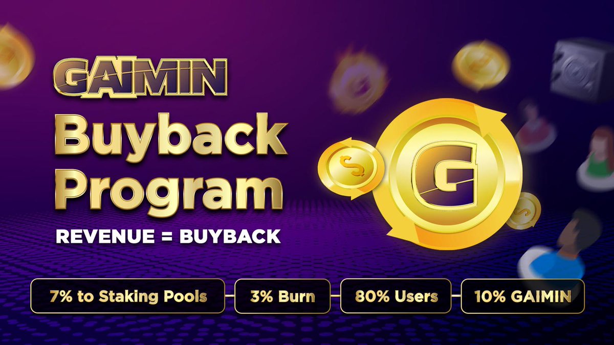 Revenue = Buyback + Burn 🔥 Right now GAIMIN does buybacks on $GMRX using 90% of the revenue earned through GPU monetisations while 10% goes to GAIMIN. With each buyback 7% goes to staking pools, 3% is burned and 80% goes to GPU sharers. As GAIMIN grows, buybacks increase!