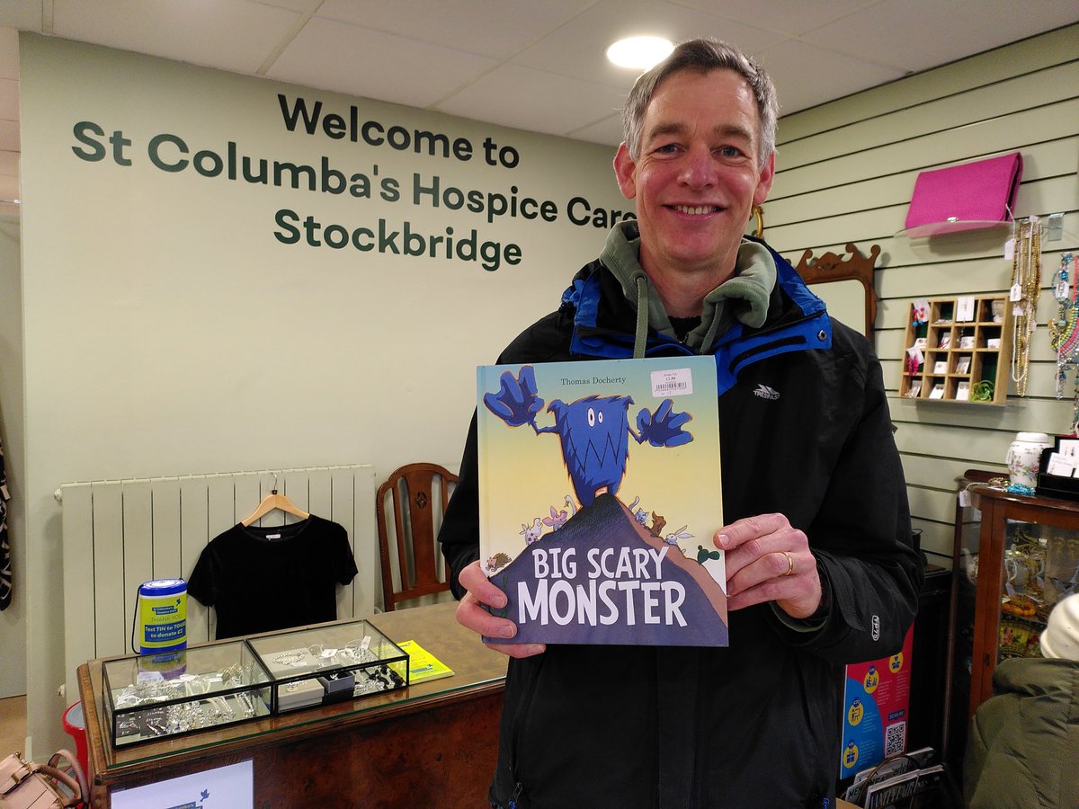 Delighted to find and sign a beautifully preserved, hardback copy of Big Scary Monster (from way back in 2009) in #StColumbasHospice charity shop, Edinburgh.