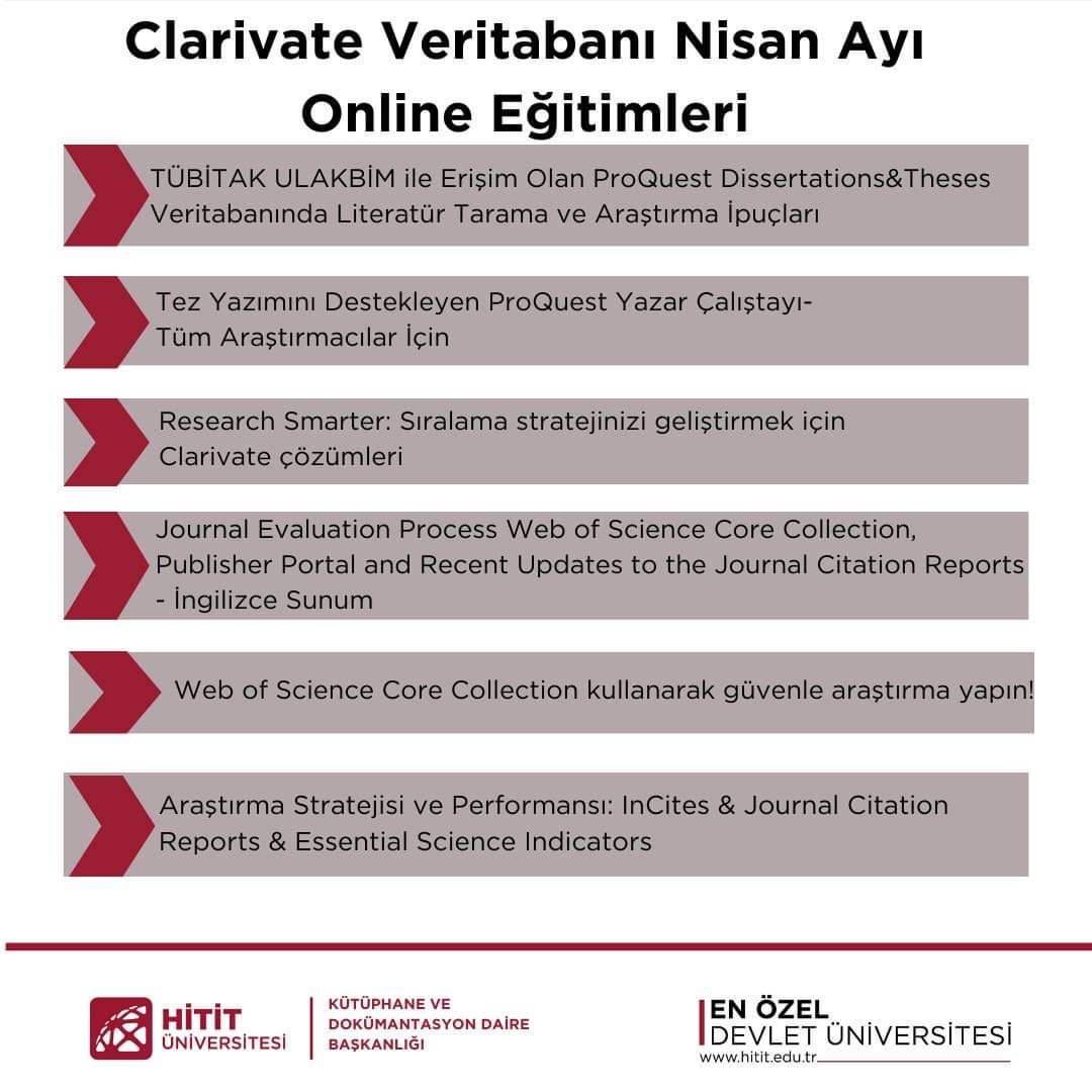 Clarivate veritabanı Nisan ayı online eğitimleri 📢 Eğitimlere kayıt ve eğitimler hakkında bilgi için adresini ziyaret ediniz. kutuphane.hitit.edu.tr/duyurular/2024… #HititÜniversitesi #HititKütüphane #clarivate #Wos #Incites #JCR