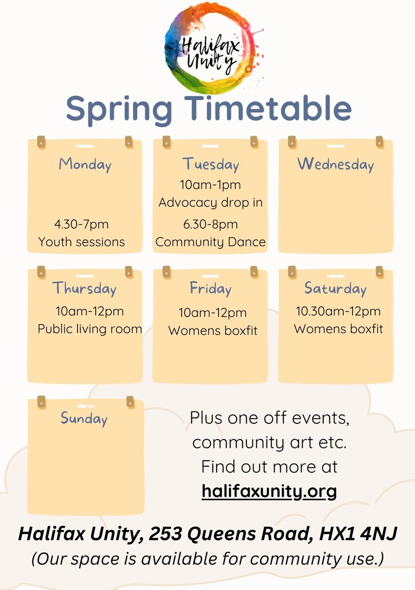HalifaxUnityCIC's tweet image. We are getting organised for spring with regular sessions from Mum&apos;s On A Mission including boxfit, youth and advocacy sessions, plus a public living room drop in, community art and dance sessions, and one off events. Get involved!