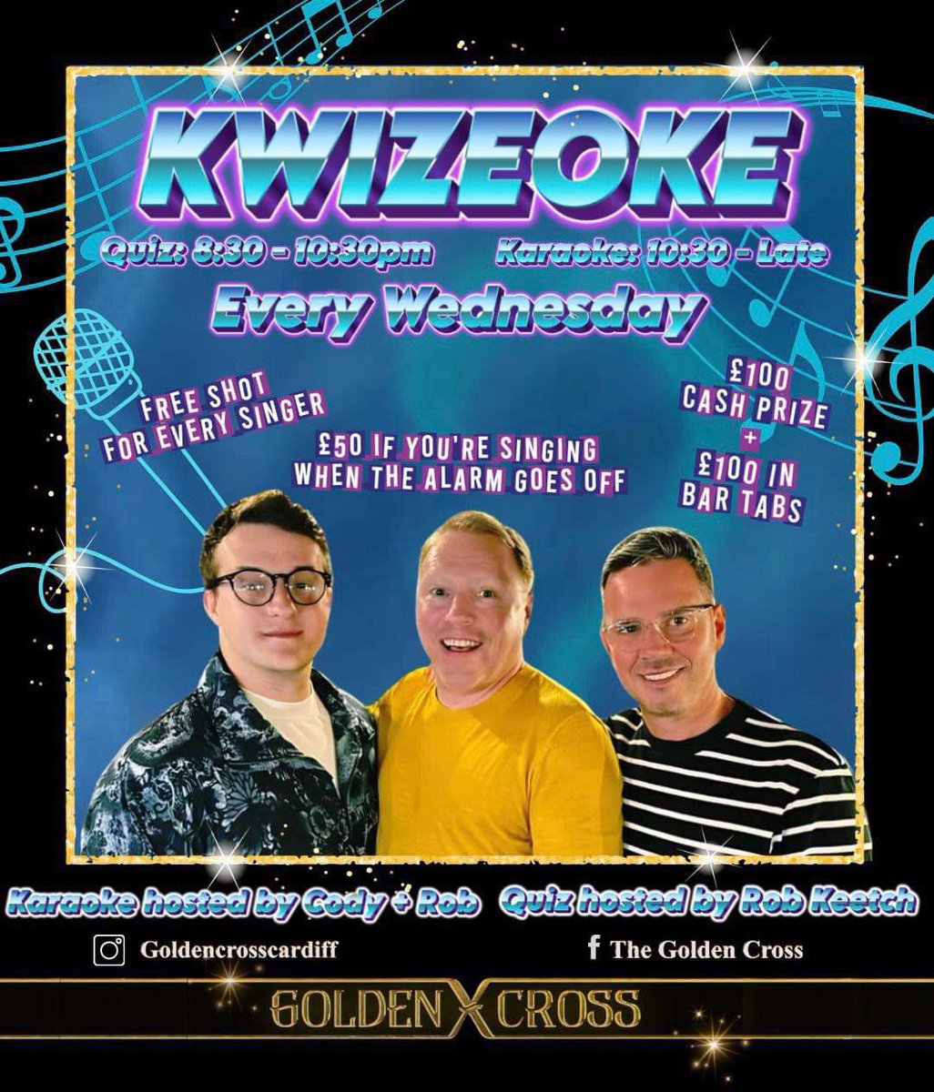 Tonight! Kwizeoke, We start the evening with our Quiz Master Rob Keetch and there’s a weekly cash jackpot and bar tabs to be won! Then it’s time to do some Karaoke with Cody & Rob, free shot for every singer plus a £50 jackpot for one lucky performer.