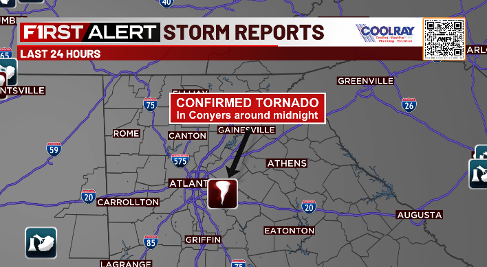 Ella__Dorsey's tweet photo. We had multiple tornado warnings overnight, with one confirmed tornado in Conyers right after midnight. No injuries have been reported, but there is a lot of damage in the area. 

@ATLNewsFirst https://t.co/cbbFJCQR1L