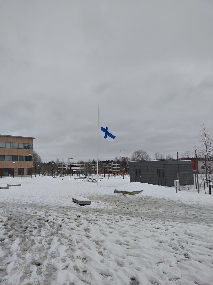 Flags fly half-mast around Finland in response to the Vantaa school shooting Yesterday. This flag is at a school near my house in Vantaa. I must admit I've never had such a strong emotional response to a flag before.