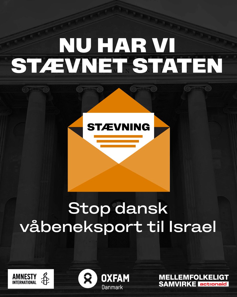 Vi har nu indgivet stævningen af Udenrigsministeriet og Rigspolitiet, så vi kan få stoppet den danske våbeneksport til Israel.   #dkpol #StopVåbeneksportTilIsrael #ForFolkeretten @amnestydk @OxfamDanmark