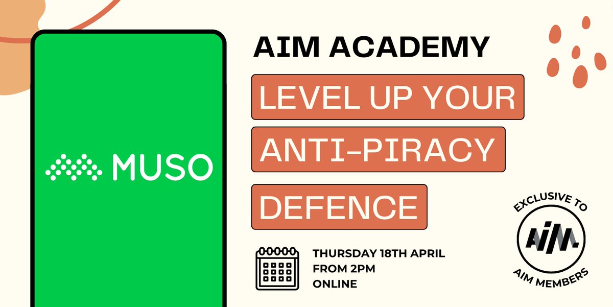 Feeling overwhelmed by music piracy? AIM members: join MUSO for a webinar designed to maximise your anti-piracy protection. You'll learn about the latest trends in music piracy whilst optimising your use of the member exclusive anti-piracy benefits aim.org.uk/#/events/aim-a…