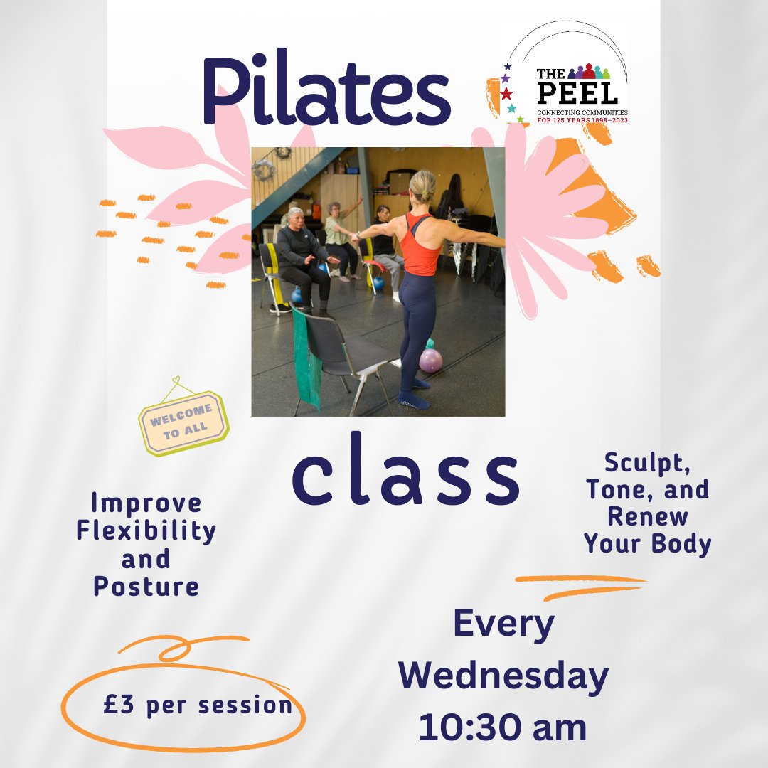 Come and join our weekly Pilates class. Every Wednesday at The Peel, 10.30am. Improve flexibility and posture. All levels welcome! Only £3 per session.