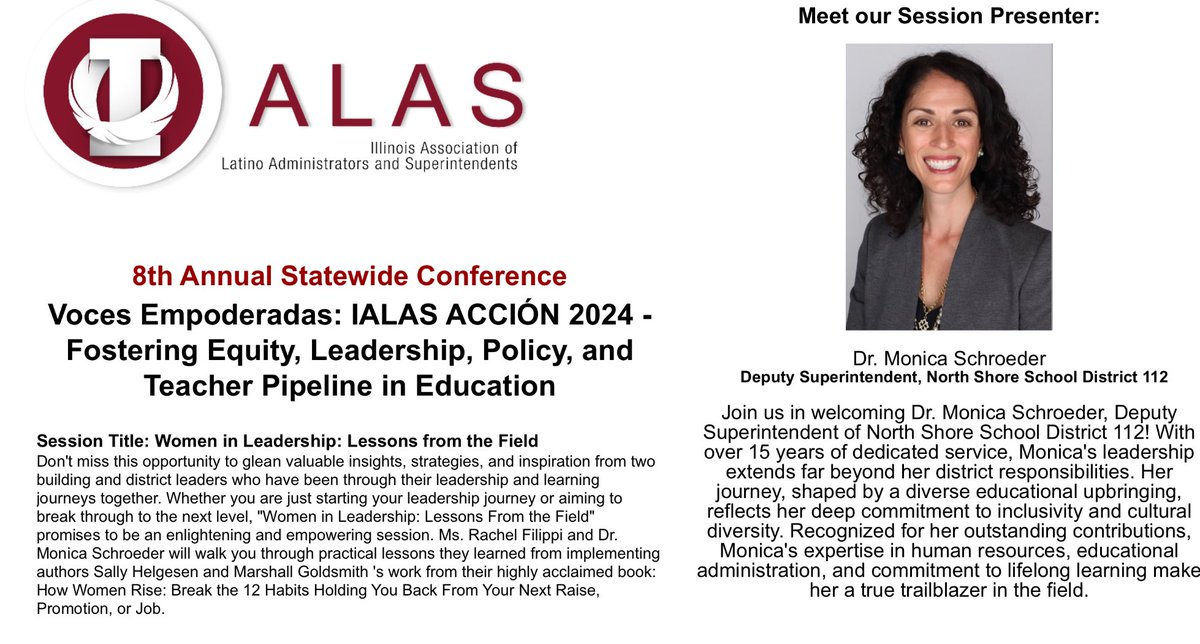 IllinoisALAS's tweet image. Thrilled to welcome Dr. Monica Schroeder, Deputy Superintendent of North Shore School District 112, as a session presenter! With a diverse educational background and a dedication to inclusivity, Monica's insights are not to be missed at  bit.ly/3TL6K5G #112Leads
