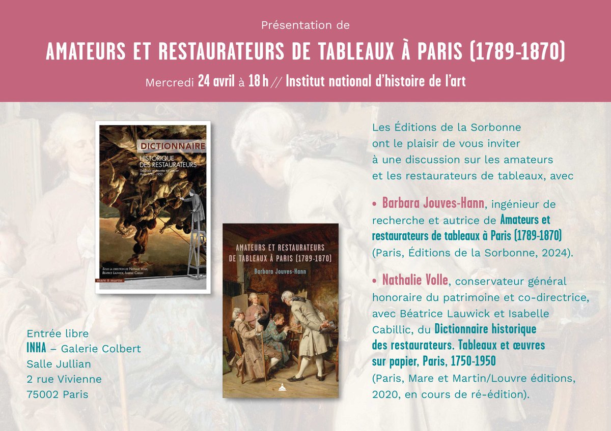 Les <a href="/EdiSorbonne/">Éditions Sorbonne</a> vous invitent à la présentation de l'ouvrage "Amateurs et restaurateurs de tableaux à Paris (1789-1870)" de Barbara Jouves-Hann. Celle-ci dialoguera avec Nathalie Volle
Mercredi 24 avril à 18h <a href="/SorbonneParis1/">Université Paris 1 Panthéon-Sorbonne</a> (Galerie Colbert)
Infos ➡️editionsdelasorbonne.fr/fr/evenements/…