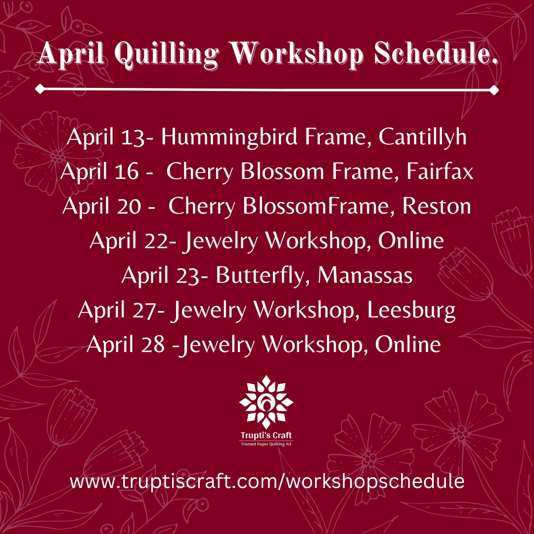 💐 April Paper Quilling Workshop Schedule 💐

You can check the detailed workshop schedule here
truptiscraft.com/workshopschedu…

If you have any questions please let me know.

  #learnnewart 
#mothersday, #jewelryworkshop, #quillingjewelry, #butterfly,