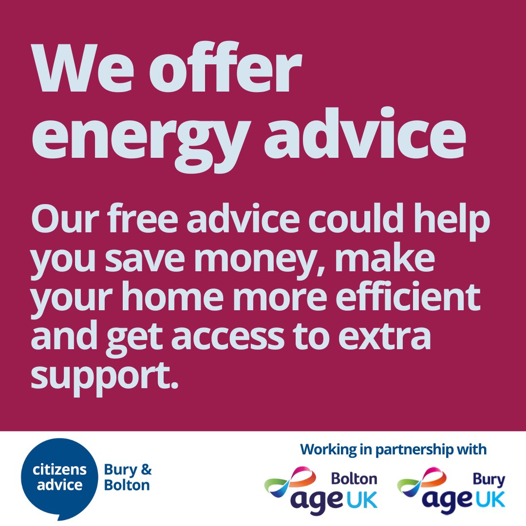 Citizens Advice Bury & Bolton (@caburyandbolton) on Twitter photo If you need energy advice, we're here to help. We deliver personalised energy advice to clients through our Energy Advice Project in partnership with <a href="/AgeUKBury/">Age UK Bury</a> and <a href="/ageukbolton/">Age UK Bolton</a>.
Call us on 0808 278 7804 or buff.ly/475sEG5 to find out more. If you need energy advice, we're here to help. We deliver personalised energy advice to clients through our Energy Advice Project in partnership with <a href="/AgeUKBury/">Age UK Bury</a> and <a href="/ageukbolton/">Age UK Bolton</a>.
Call us on 0808 278 7804 or buff.ly/475sEG5 to find out more.