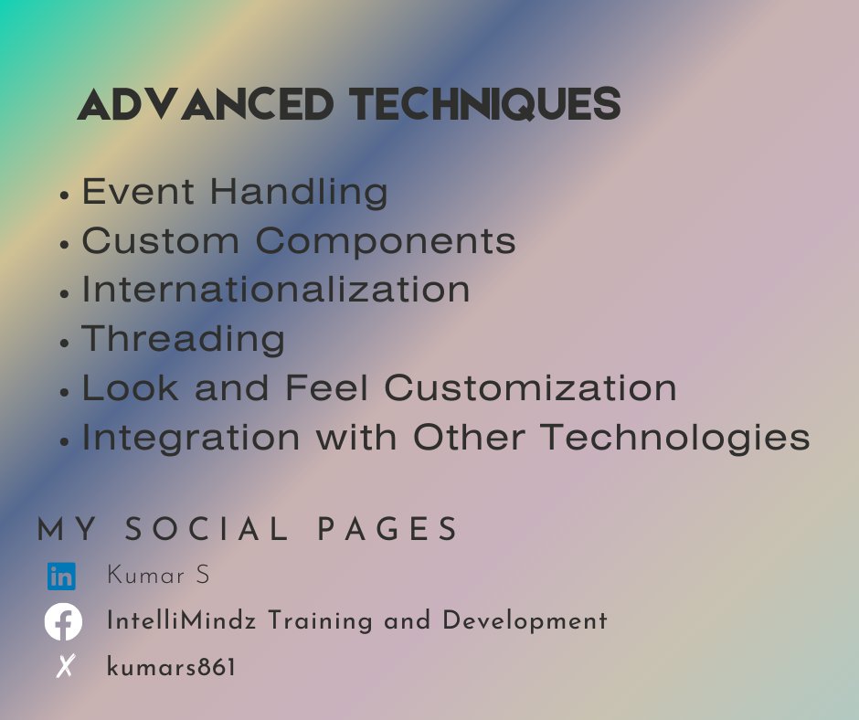 kumars861's tweet image. Elevate your Java GUI skills with Swing! Dive into crafting user-friendly interfaces that captivate users.
#Java #GUIProgramming #Swing #UserExperience #UXDesign #SoftwareDevelopment #Programming #JavaDevelopment #TechSkills #DeveloperCommunity #GraphicalInterfaces