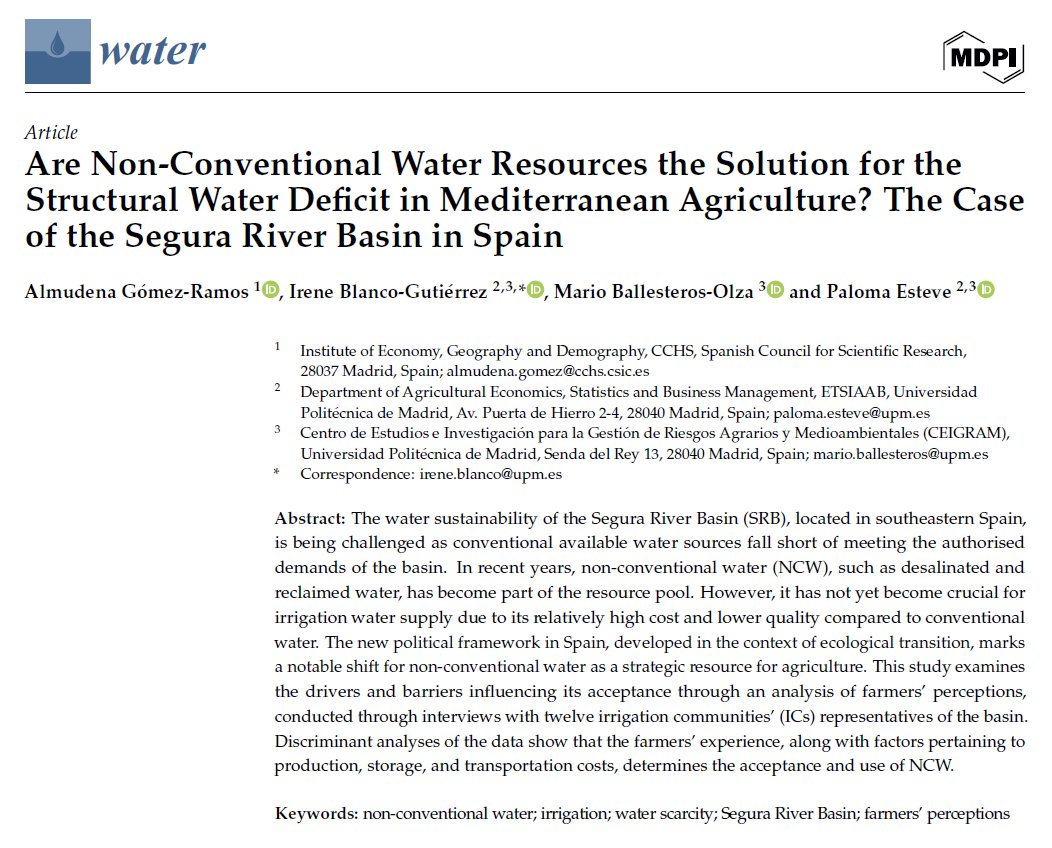 📡 We are pleased to share our new paper, titled ‘Are Non-Conventional Water Resources the Solution for the Structural Water Deficit in Mediterranean Agriculture? The Case of the Segura River Basin in Spain’, and published in Water (@MDPIOpenAccess). 📖 doi.org/10.3390/w16070…