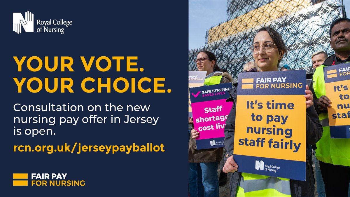 Our consultation on the latest Jersey pay offer is open. 🗳️

Eligible members, you have until 16 April to vote - don't delay!

Cast your vote in a few minutes here: rcn.org.uk/jerseypayballot