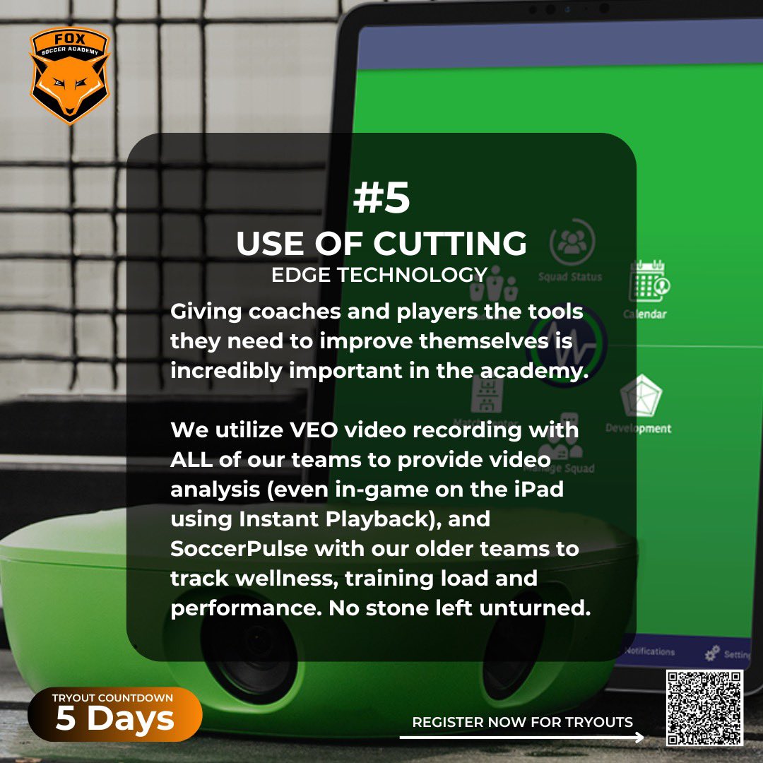 We are now just FIVE DAYS from tryouts for the 2024/25 season at FSA Carolinas. Here’s reason #5 to join - Use of Cutting Edge Technology! Ready to register? Use the link here: playmetrics.com/signup?clubTok… OR scan the QR code in image 2!