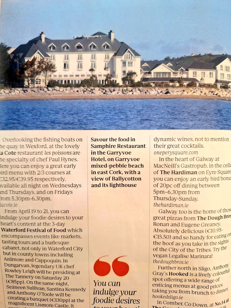 Garryvoe Hotel (@garryvoehotel) on Twitter photo Thank you, <a href="/LucindasIreland/">LUCINDA O’SULLIVAN</a>, for the wonderful mention in Sunday's <a href="/TheSundayIndo/">Sunday Independent</a>
The Samphire restaurant is open on Fridays & Saturdays for dinner from 6.45pm & 1 -3pm for Sunday lunch!
#LIFEsundayindo
#Raisingthebar #Relishyourlocalrestaurant
#Irelandsmostwidelyreadnewspaper Thank you, <a href="/LucindasIreland/">LUCINDA O’SULLIVAN</a>, for the wonderful mention in Sunday's <a href="/TheSundayIndo/">Sunday Independent</a>
The Samphire restaurant is open on Fridays & Saturdays for dinner from 6.45pm & 1 -3pm for Sunday lunch!
#LIFEsundayindo
#Raisingthebar #Relishyourlocalrestaurant
#Irelandsmostwidelyreadnewspaper