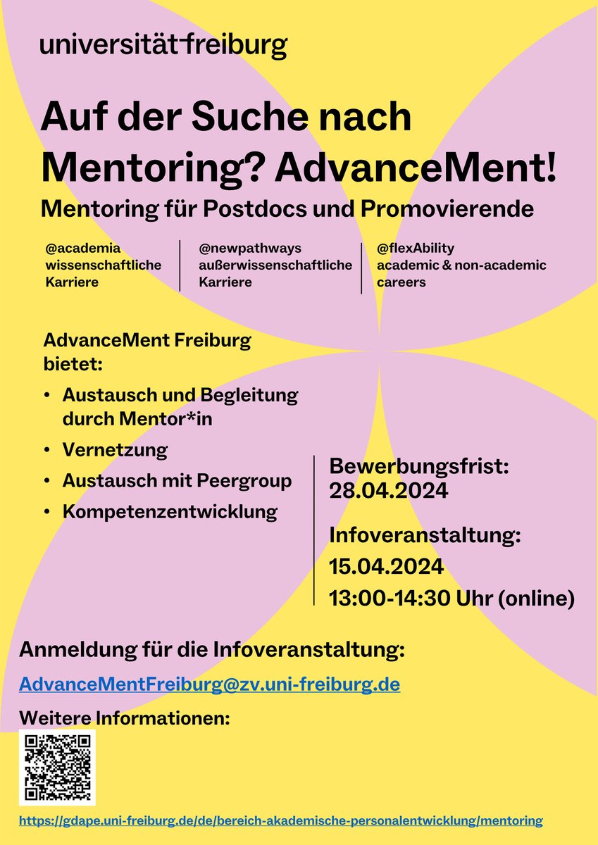 Erfolgreich mit Mentoring: #AdvanceMent Freiburg geht in die 5. Runde und unterstützt #Promovierende & #Postdocs der #UniFreiburg – egal ob auf dem Weg zur Professur oder beim Einstieg in außeruniversitäre Karrierewege. Infoveranstaltung 15.04. ufr.link/advancement-24 @GaaPhds