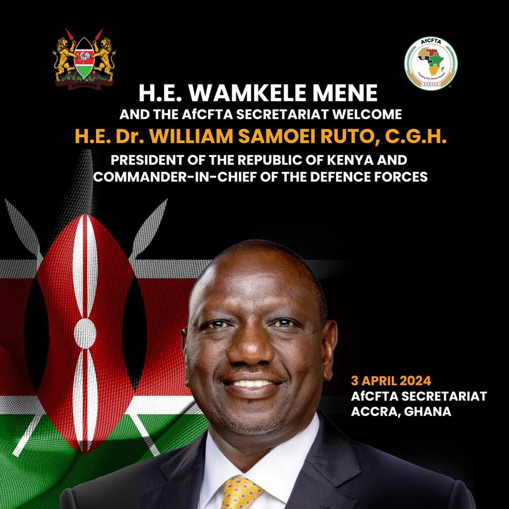 We have the privilege of hosting H.E. @WilliamsRuto, the President of the Republic of Kenya, today at the #AfCFTA Secretariat, under the leadership of H.E. @MeneWamkele. H.E. the President will be addressing the audience during this momentous occasion, which is in the framework…