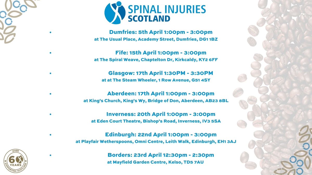 See below for the list of April Face to Face Coffee Meets. Please RSVP to the Peer Support Advisor for your area if you are interested in attending. Email addresses and latest info can be found in the link below spinalinjuriesscotland.org.uk/Event/face-to-…