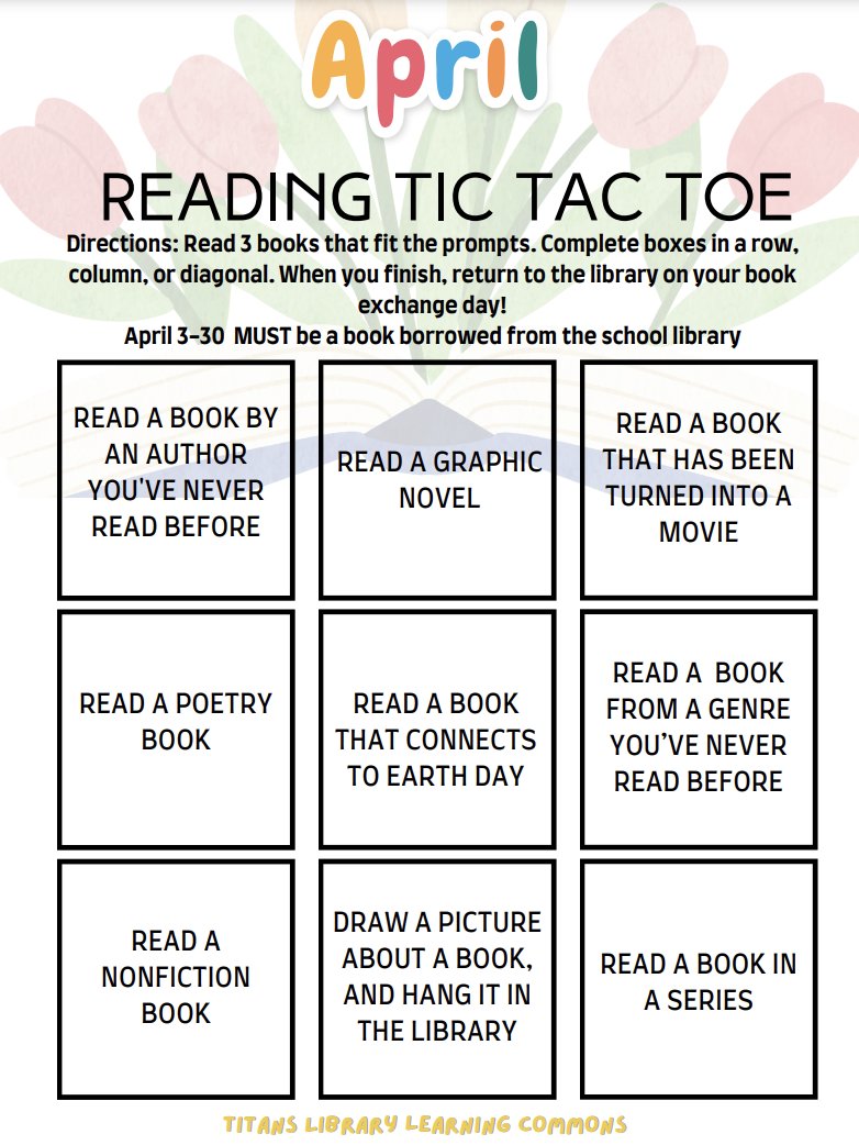 Happy April Titans! A new reading challenge begins today. Get 3 in a row to win a prize! Expand your reading choices...who knows what you'll discover!  #aprilreadingchallenge