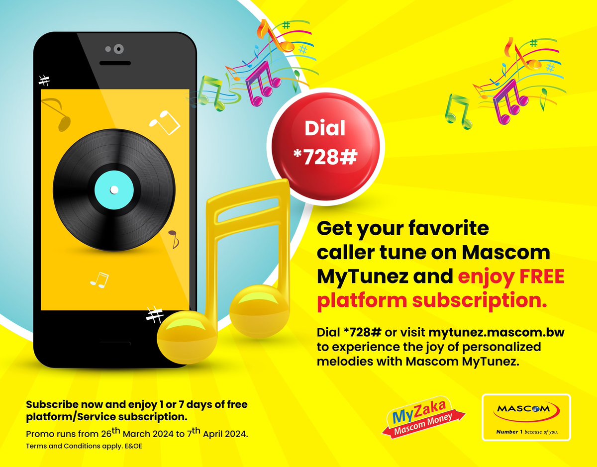 Set the tone for your calls with Mascom MyTunez! Subscribe now to experience the joy of personalized melodies💛🎶 Dial *728# or visit mytunez.mascom.bw to activate MyTunez today. #MyTunez #Number1BecauseOfYou