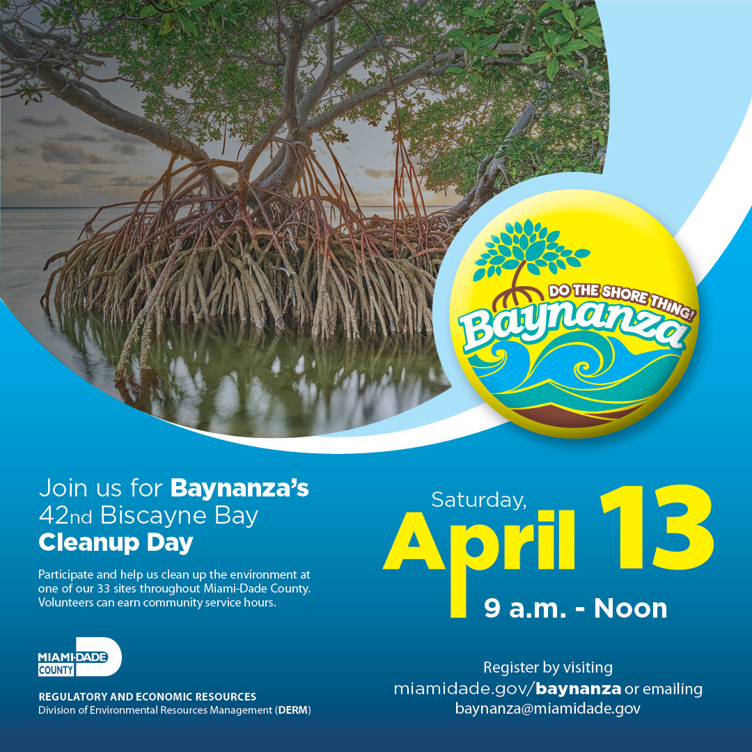 Help restore #BiscayneBay's shoreline on Saturday, April 13, during the 42nd annual Baynanza Cleanup Day, hosted by @MiamiDadeRER. Register at miamidade.gov/baynanza to pick an available location in #OurCounty where you want to volunteer.#CleanUpBiscayneBay