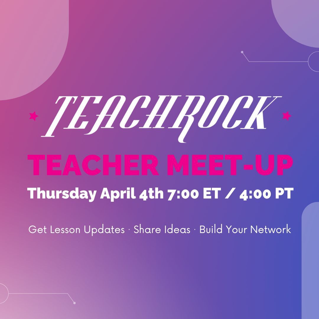 TeachRock Teacher Meet-Ups are always fun, lively, & full of wonderful camaraderie, with everyone coming together in the same virtual space! Join us this Thursday, April 4th at 7:00pm ET/4:00pm PT on Zoom! RSVP to let us know you're coming! buff.ly/4aBnEdL