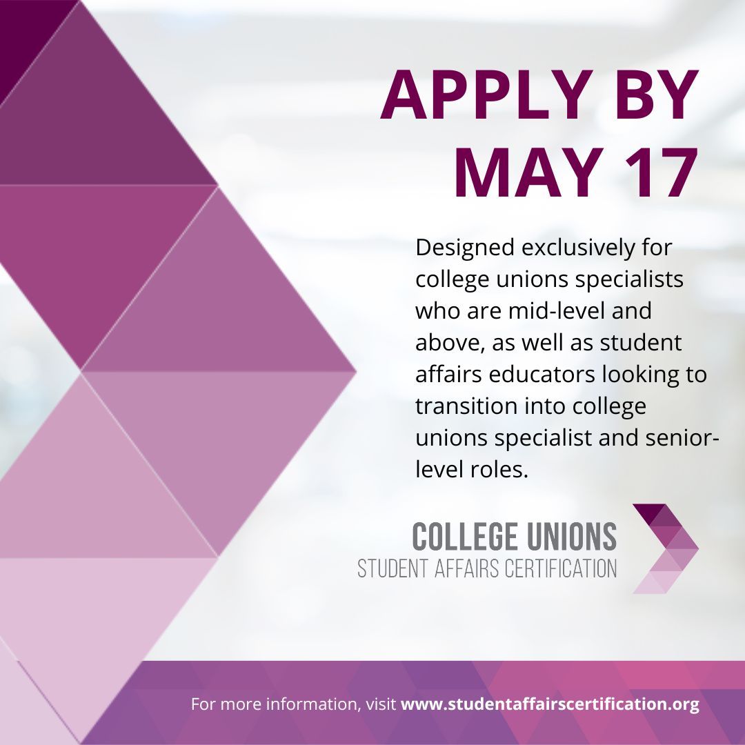Application cycle for the Student Affairs Educator Certification is now open! This is an opportunity to take your career in student affairs and college unions to the next level. buff.ly/3sLKPSJ