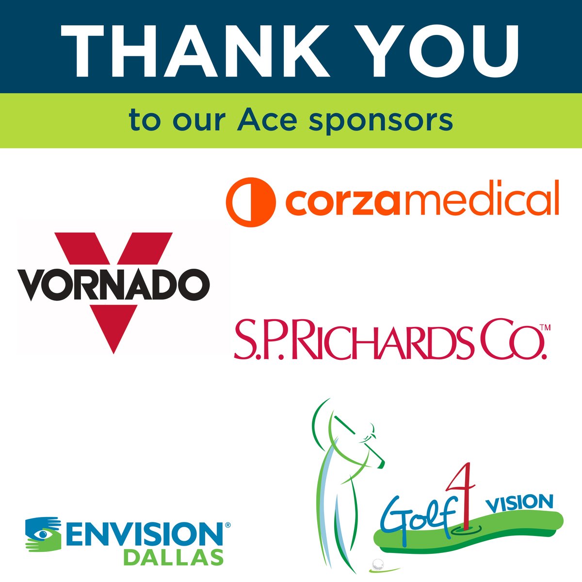 Envision_Dallas's tweet photo. Thank you @vornado, Corza Medical and @SPRichards for being our Ace sponsors for the 5th Annual Envision Dallas Golf Fore Vision Tournament! Your support goes toward crucial programs and services that help people with vision loss thrive. https://t.co/7IjpswHzBv