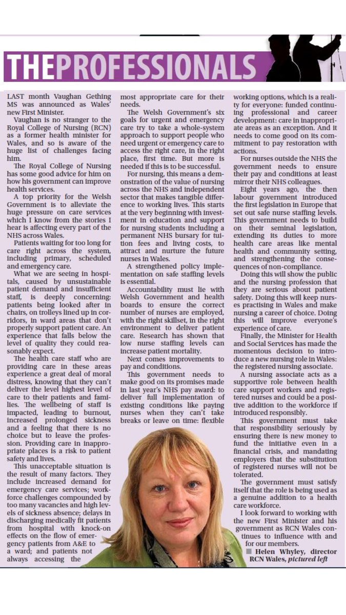 In the latest Western Mail Professionals Column, Director @RCNWales @helenwhyley sets out the RCN's key priorities for Wales' new First Minister.