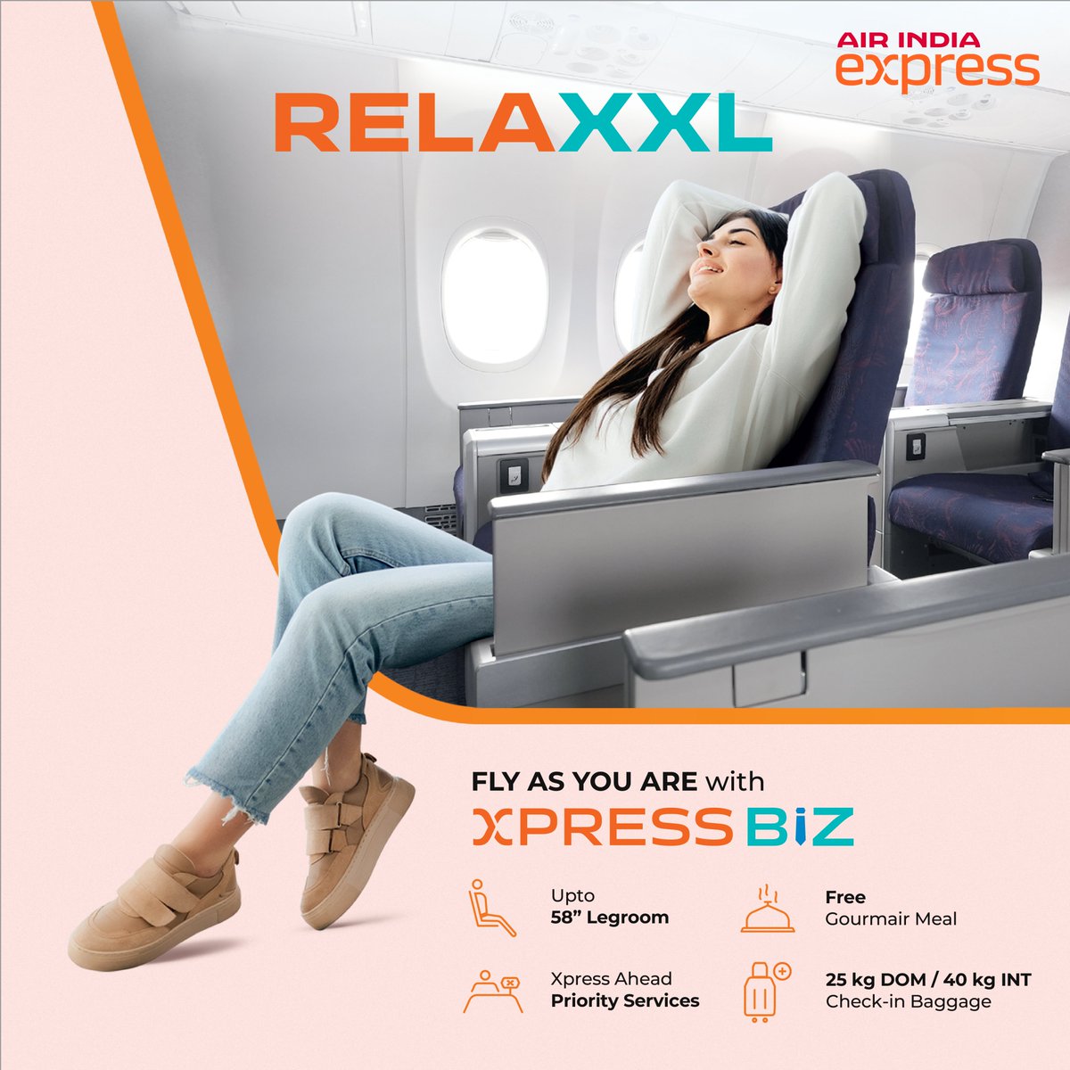 Stretch out and unwind with Xpress Biz, and enjoy exciting benefits: 💺Up to 58' of extra legroom, ⭐ Xpress Ahead priority services, 🍲 Free Gourmair Hot Meal 🧳25kg for domestic and 40kg for international for check-in baggage ✈️ #FlyAsYouAre and experience #FastBookings