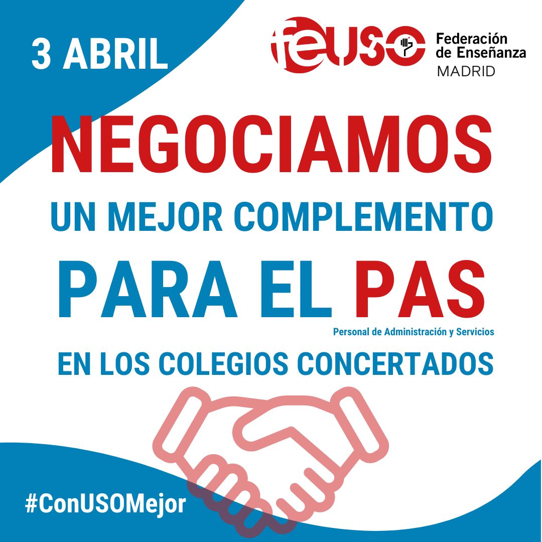 feuso_madrid's tweet photo. 🫱🏻‍🫲🏼 FEUSO Madrid se ha reunido hoy, 3 de abril, para negociar un mejor complemento para el PAS en los Colegios concertados.
https://t.co/AQX4P8VfT5

💙❤️ Desde FEUSO Madrid insistimos en que esta subida se aplique a todo el personal docente y no docente que cobra en pago directo. https://t.co/EY0bSBvAaF