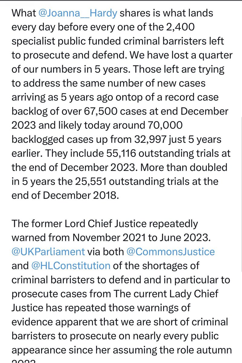 Why 2023 10,062 ready-to-go trials delay On day 756 no prosecution barrister Of which 139 sexual offence trials, no prosecutor Worsening Oct-Dec2023 227 trials no prosecutor Of those 53 were Sex offence trials Compare sex offence trials no prosecutor to yrs 2018 4 2019 9