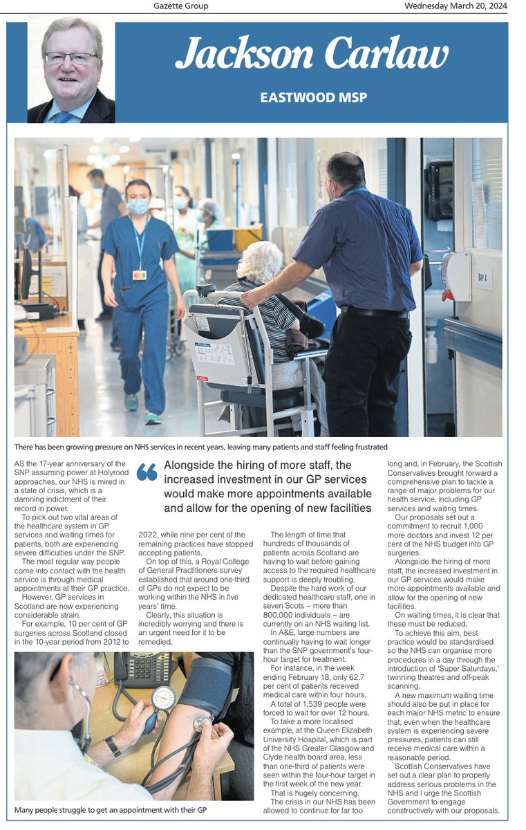 My latest column for the @barrheadnews 👇. The SNP's record on the NHS is one of failure and the healthcare system is in crisis. @ScotTories have brought forward proposals to tackle a range of key problems in the NHS. This includes 1,000 more GP's and new maximum waiting times.