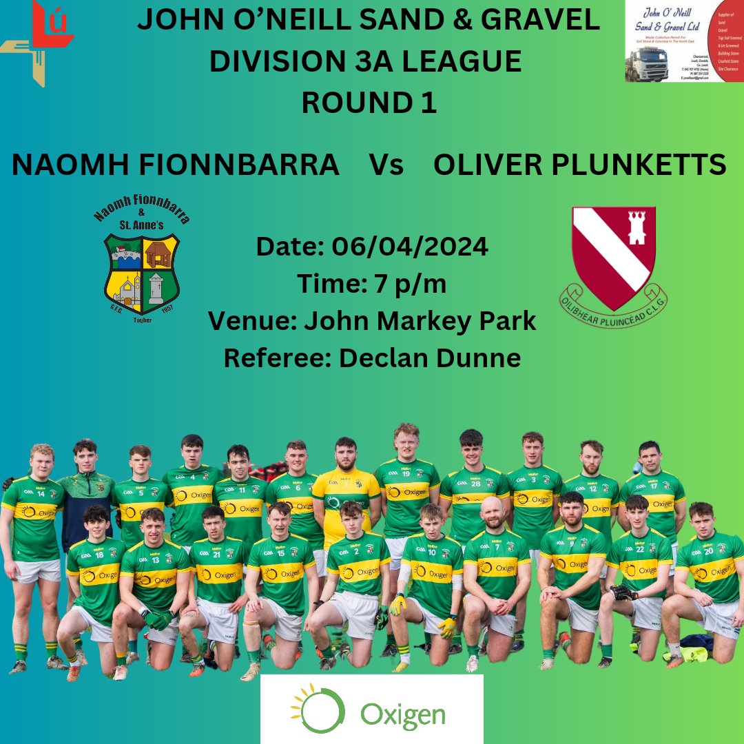 Our Senior Men take on <a href="/OPGFCDrogheda/">Oliver Plunketts</a> in the first round of Division 3A League on 06.04.2024 in John Markey Park, throw in 7pm. Best of Luck to players and management 🟢🟡
