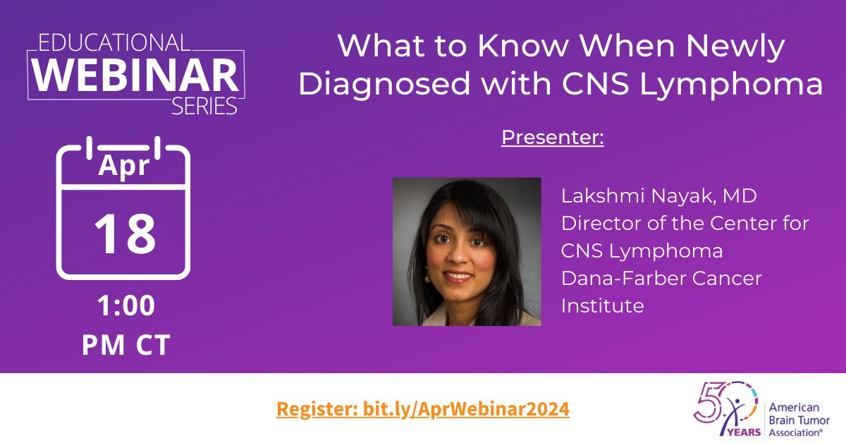 Join the ABTA for a new webinar on CNS Lymphoma. Learn about your diagnosis, treatment options, side effect management, and participate in a live Q&A with an expert. Register here: bit.ly/AprWebinar2024 #BTSM #BrainTumor #Lymphoma