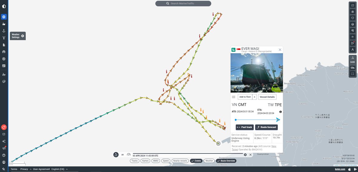 Right when a strong #earthquake of magnitude 7.4 shook the east coast of #Taiwan on Wednesday morning, #MarineTraffic data shows a turning manoeuvre of the cargo ship EVER MAGI, a pressure vessel with a hazard level D. Read more here: marinetraffic.com/en/maritime-ne…