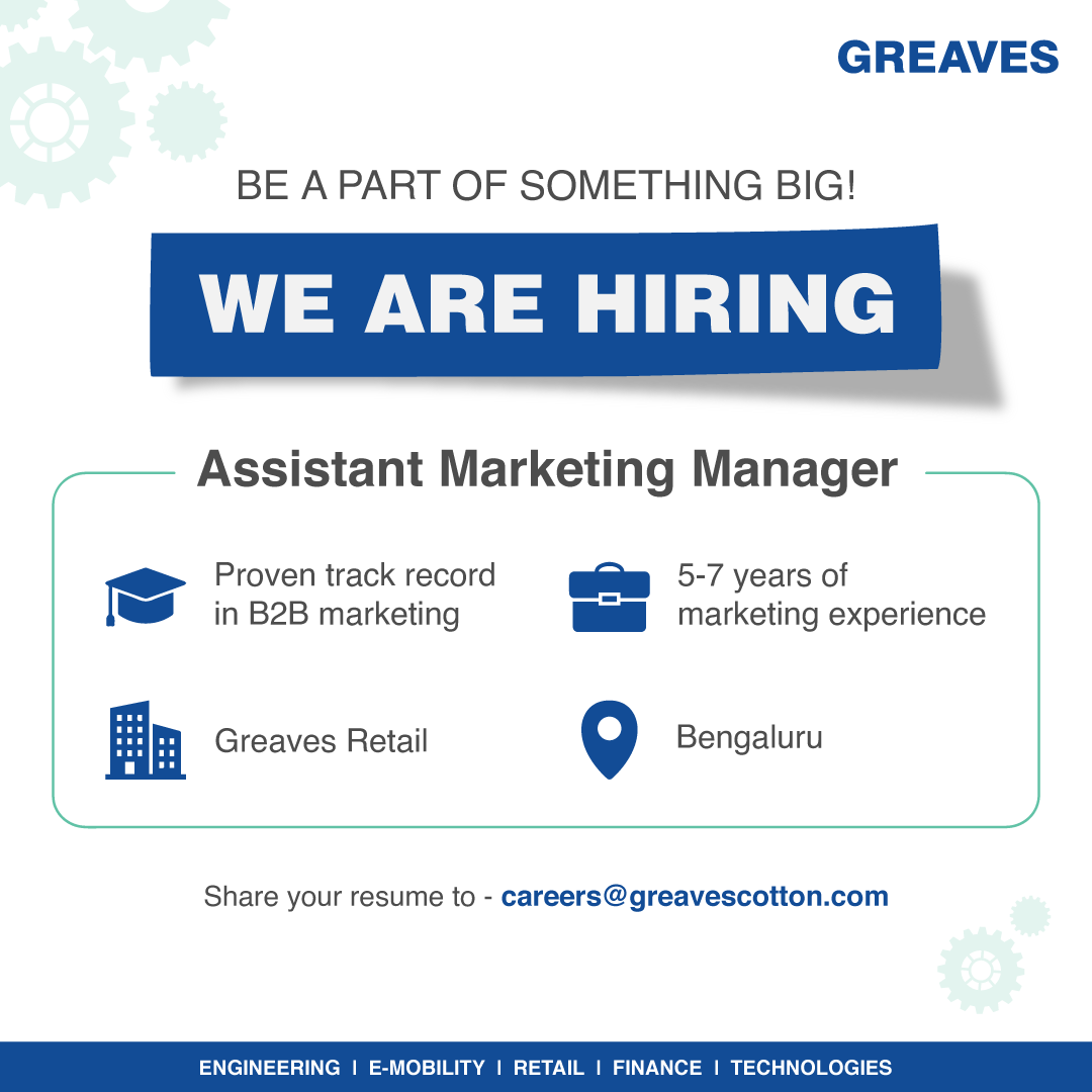 Are you the one? Greaves is looking for a marketing mastermind who can drive the brand's presence, engagement, and growth across various platforms. #GreavesCotton #Hiring #AssistantMarketingManager #JobOpportunity #NowHiring #CareerAtGreaves #JoinTeamGreaves #EmpoweringLives