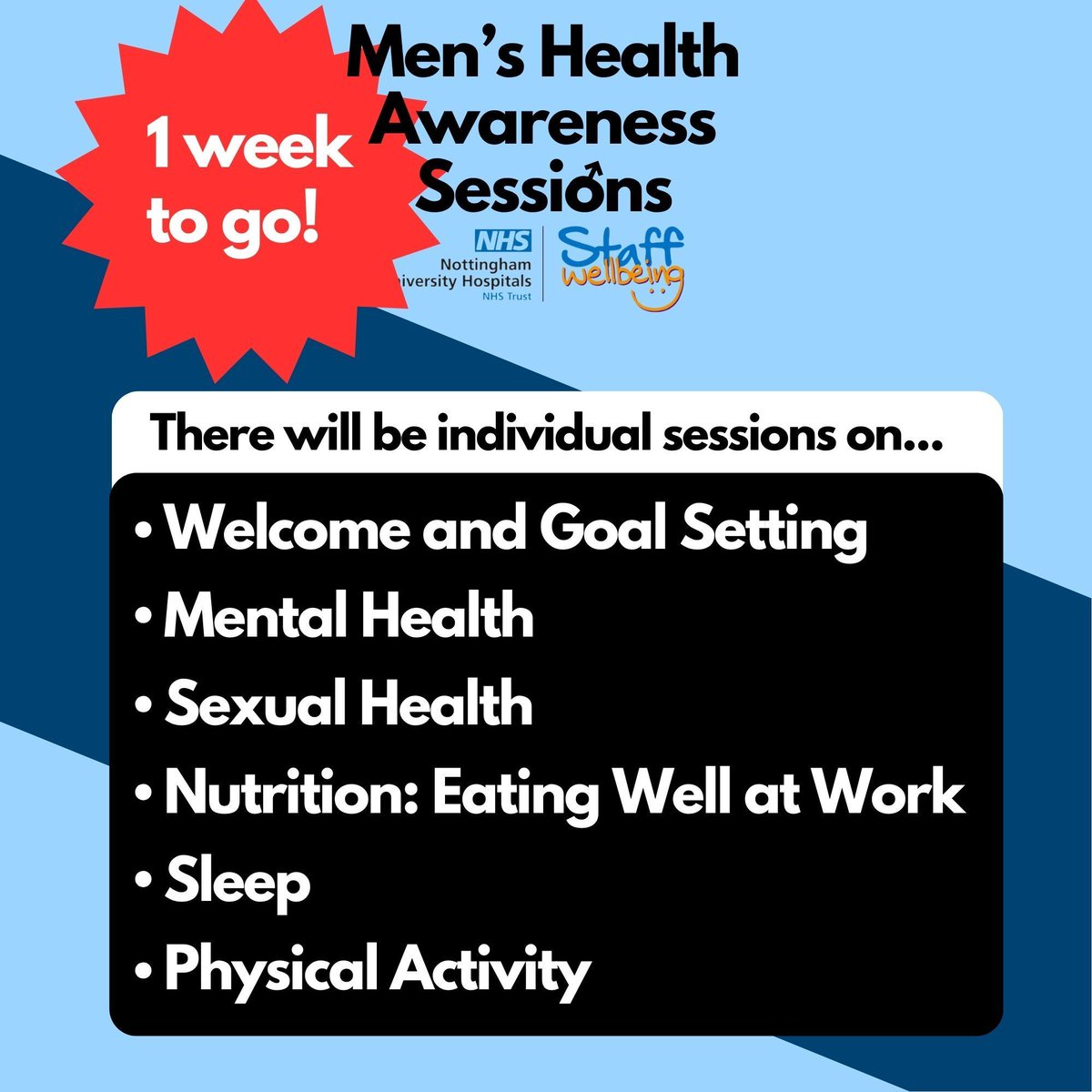 ONE WEEK TO GO! Our Men's Health Awareness Day is being held in person at QMC on Wednesday 10th April, not got your ticket booked yet? Book yours here: buff.ly/3PpXKSm