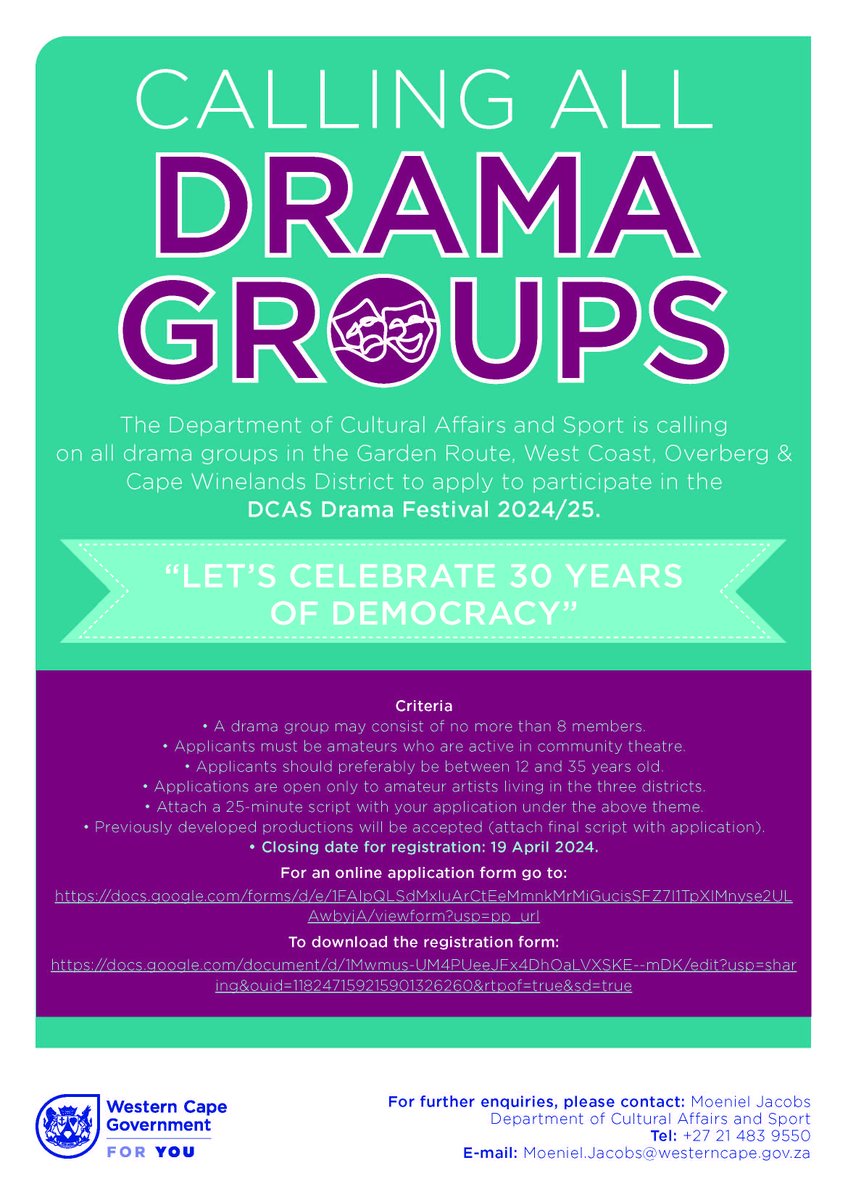 We call on drama groups based in the Garden Route, West Coast, Overberg and Cape Winelands to apply to be part of the DCAS Drama Festival 2024/25! For an online application form go to: bit.ly/3POJnHr To download the registration form: bit.ly/3TJ6tQL