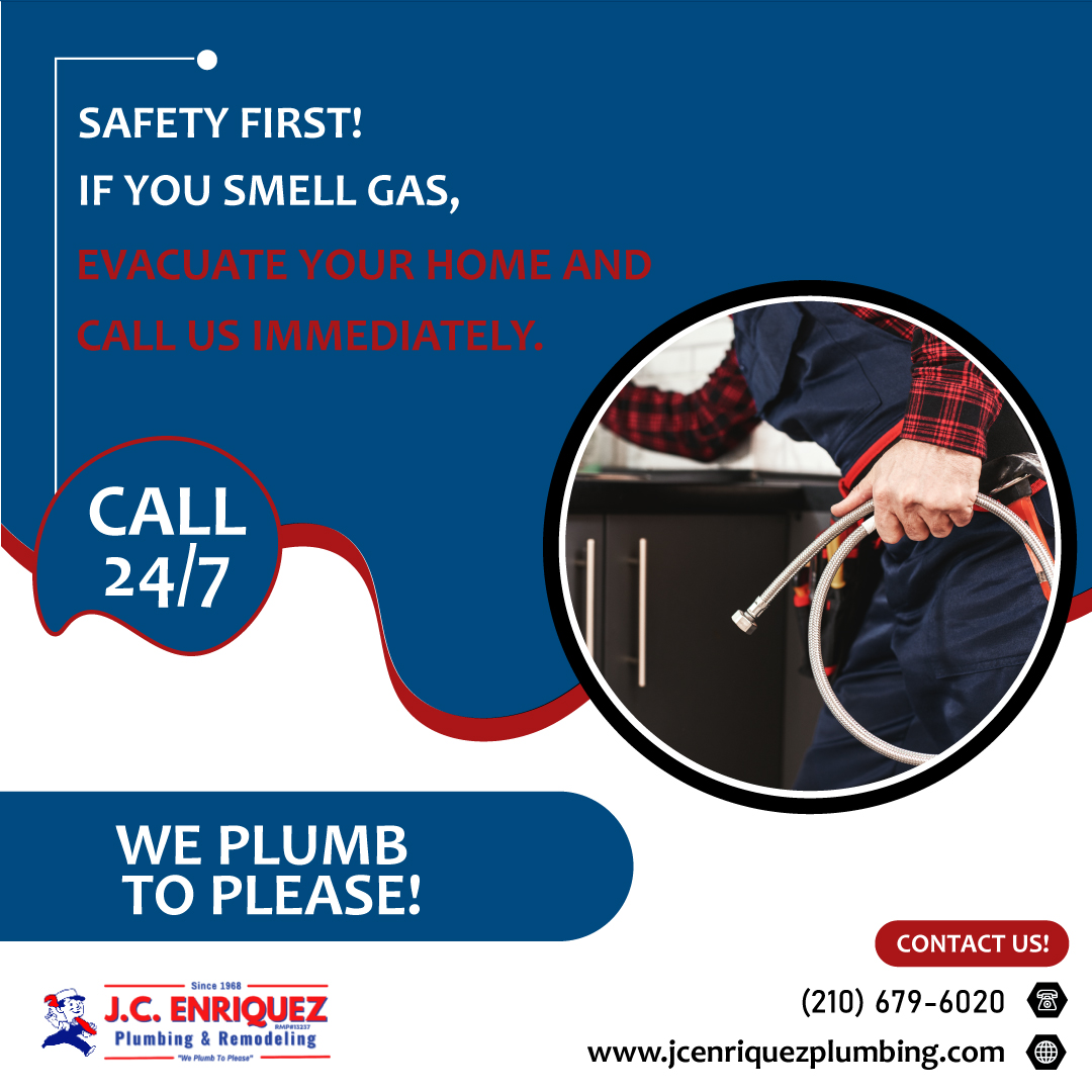 JCSonPlumbing's tweet photo. Safety is our top priority! If you ever smell gas in your home, evacuate immediately and call us 24/7. We are here to help and ensure your safety. Remember, we plumb to please! #SafetyFirst #EmergencyServices #SanAntonioPlumbing #JCEnriquezPlumbing https://t.co/bSGvKEd6j1