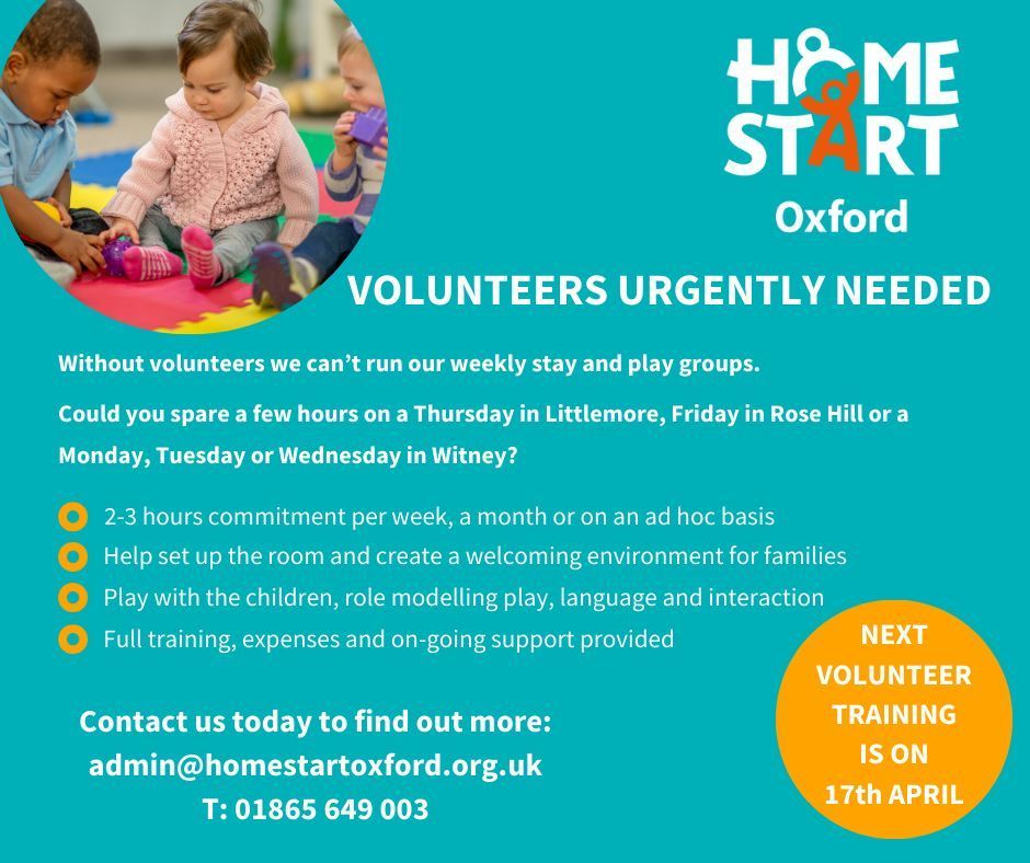 We are urgently seeking new volunteers to help at our stay and play groups. No experience necessary, all training given. Find out more below #Volunteer #Volunteering #VolunteerOxford #OCVA
